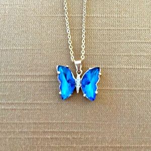🦋 Blue Iridescent Crystal Butterfly Necklace Gold plated Stainless Steel- New
